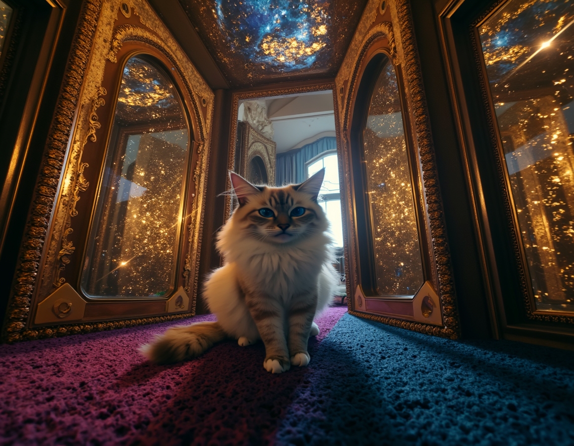 Cat navigates a maze where every surface is a magic-infused mirror, reflecting surreal visions and shifting illusions. Soft, colorful light accentuates each step, turning the labyrinth into a glittering puzzle filled with wonder and mystery.